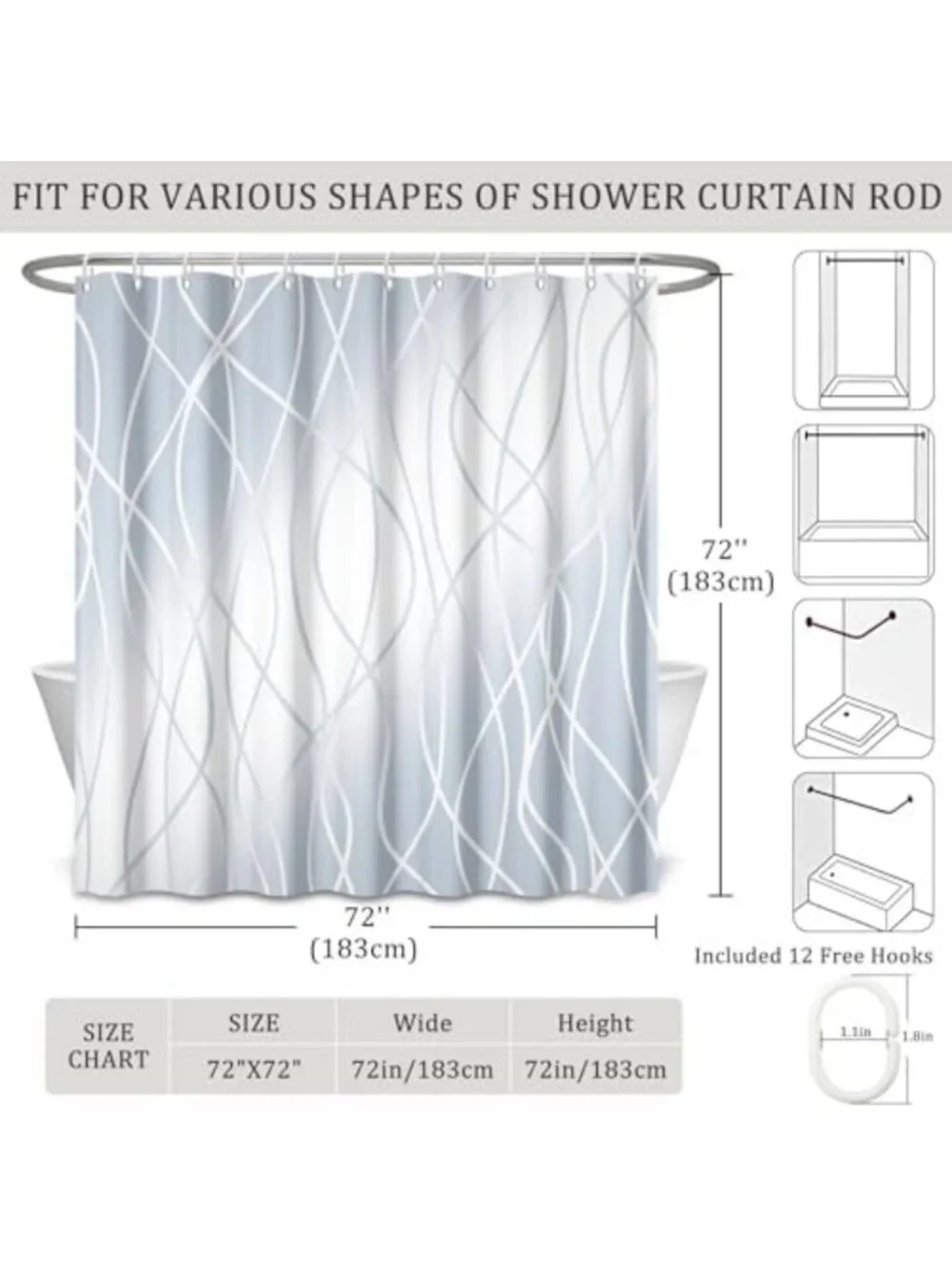 Ombre Light Blue Geometric Shower Curtain Set with Hooks - Modern Minimalist